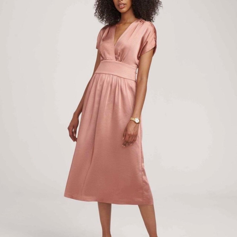 Anne Klein Pink Satin A-Line Dress V-Neck Short Sleeve Tie Waist Midi Sz 8